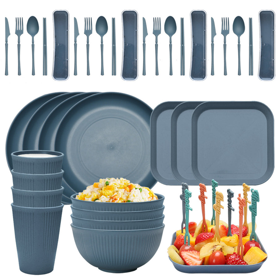 Four-person Set Blue Eco-Friendly Wheat Straw Dinnerware Set,  Plate, Bowl, Cup & Utensil Set - Lightweight, Reusable, a