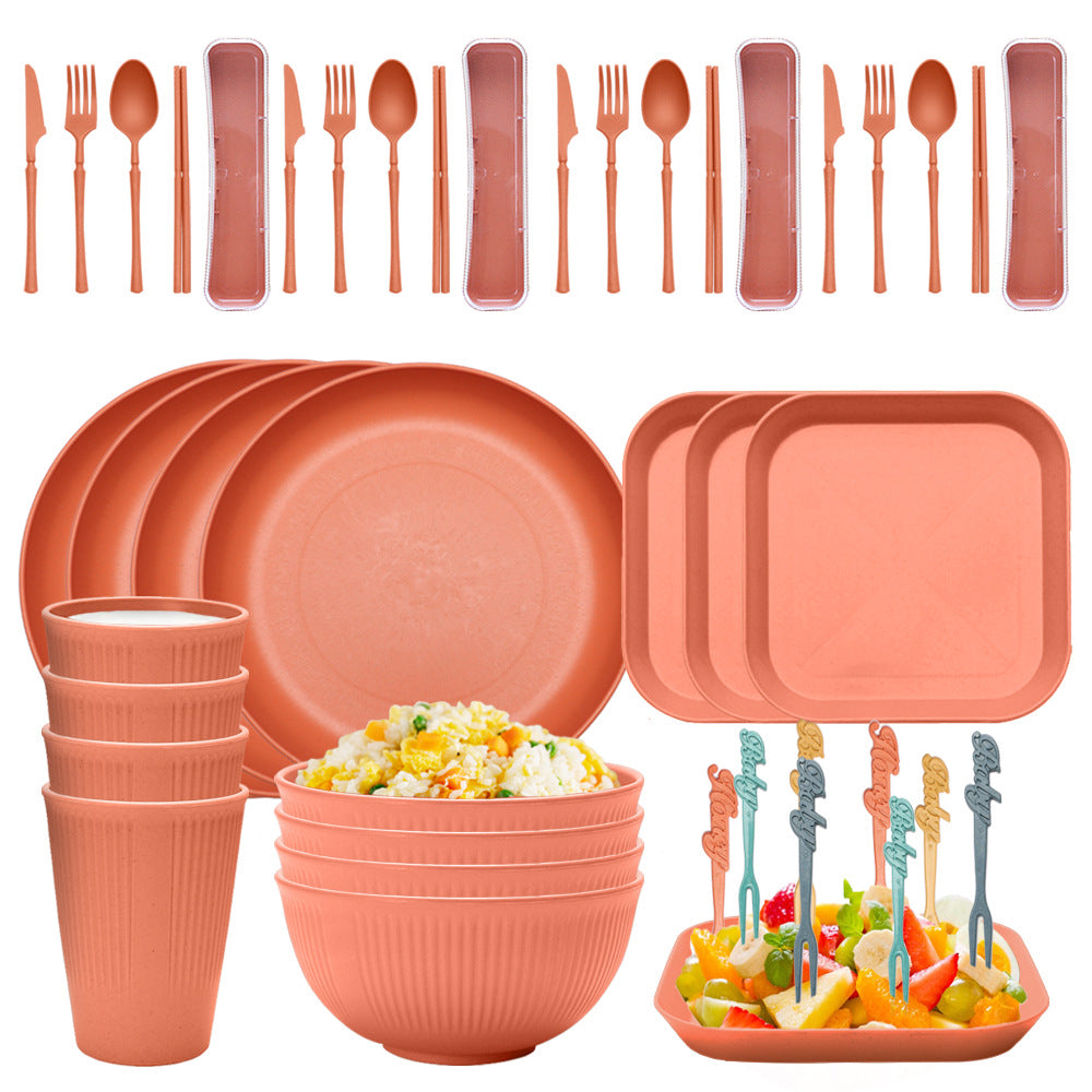 Four-person Set Orange Eco-Friendly Wheat Straw Dinnerware Set,  Plate, Bowl, Cup & Utensil Set - Lightweight, Reusable,