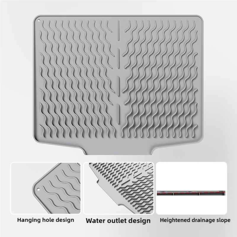 Grey Silicone Dish Drying Mat, Non-Slip Draining Pad for Sink, Heat-Resistant and Water-Absorbent, Ideal for Dishes, Cup
