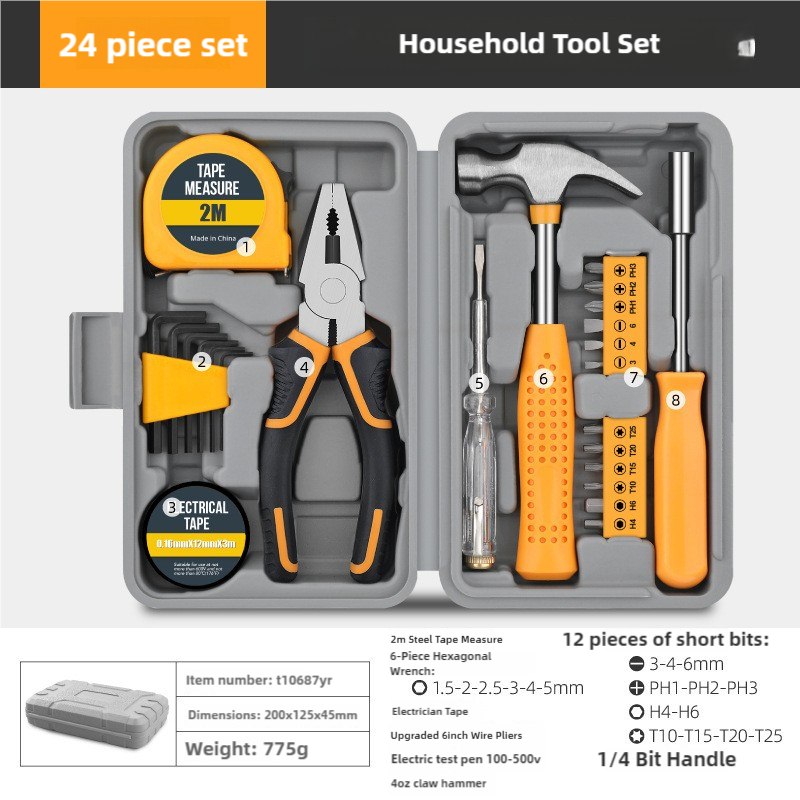 Yellow 24-Piece Household Tool Set, Complete Home Repair Kit with Tape Measure, Pliers, Screwdrivers, Hammer, and 12 Bit