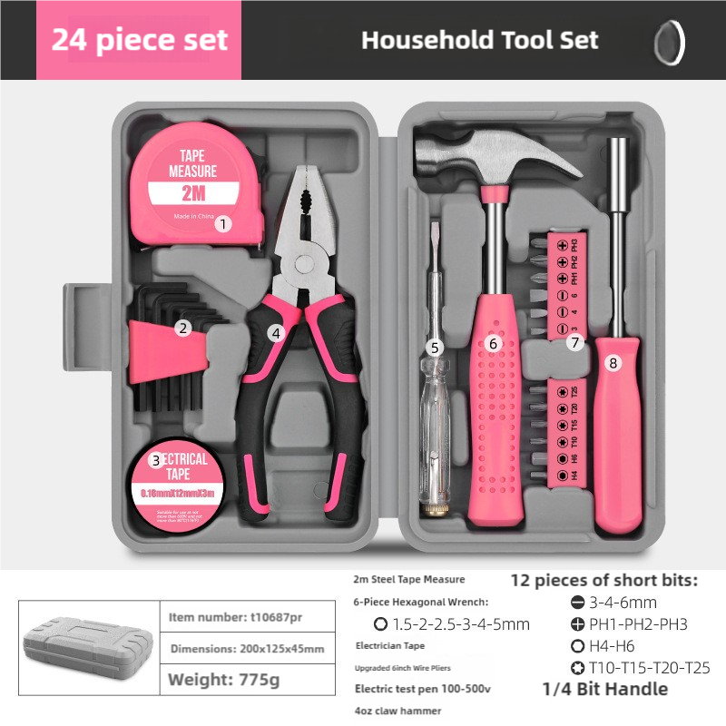 Pink 24-Piece Household Tool Set, Complete Home Repair Kit with Tape Measure, Pliers, Screwdrivers, Hammer, and 12 Bits 
