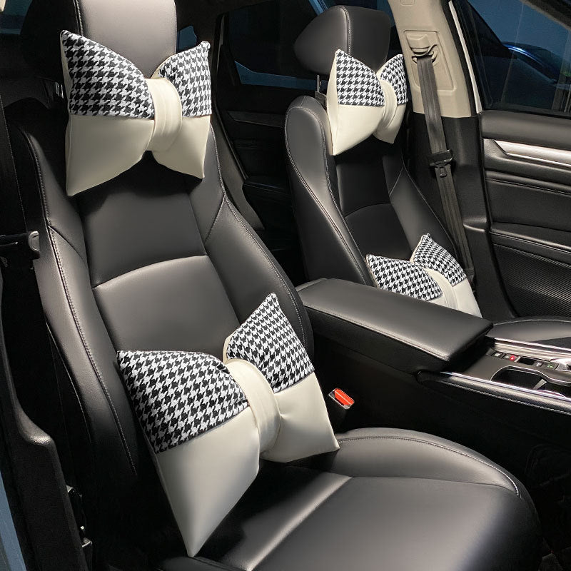 1 Pair (Headrest + Pillow) White Cute Bowtie Car Headrest Pillow and Waist Cushion Set, Stylish Houndstooth Design, Soft