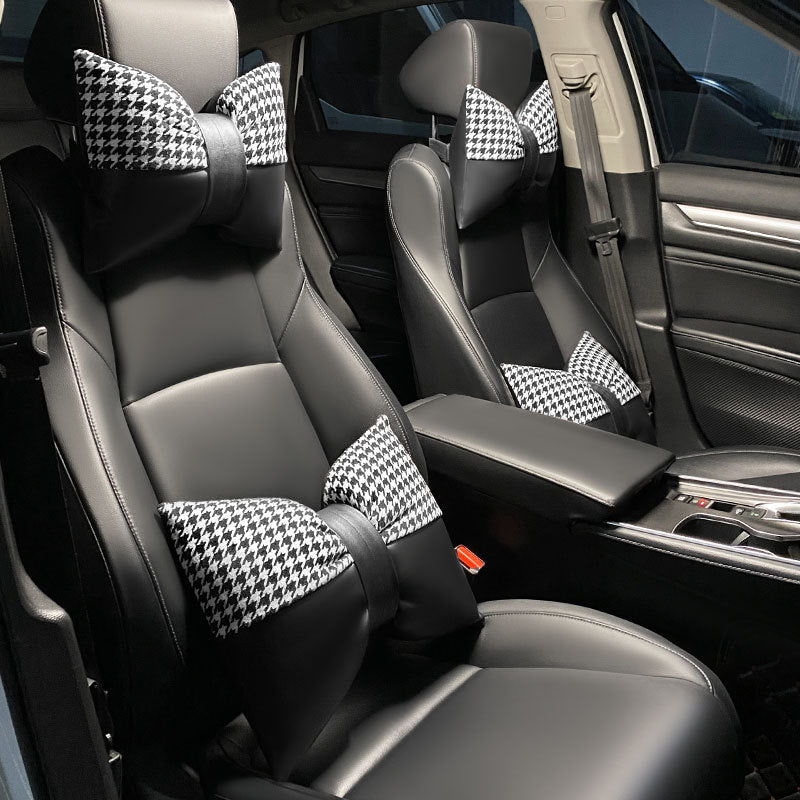 1 Pair (Headrest + Pillow) Black Cute Bowtie Car Headrest Pillow and Waist Cushion Set, Stylish Houndstooth Design, Soft