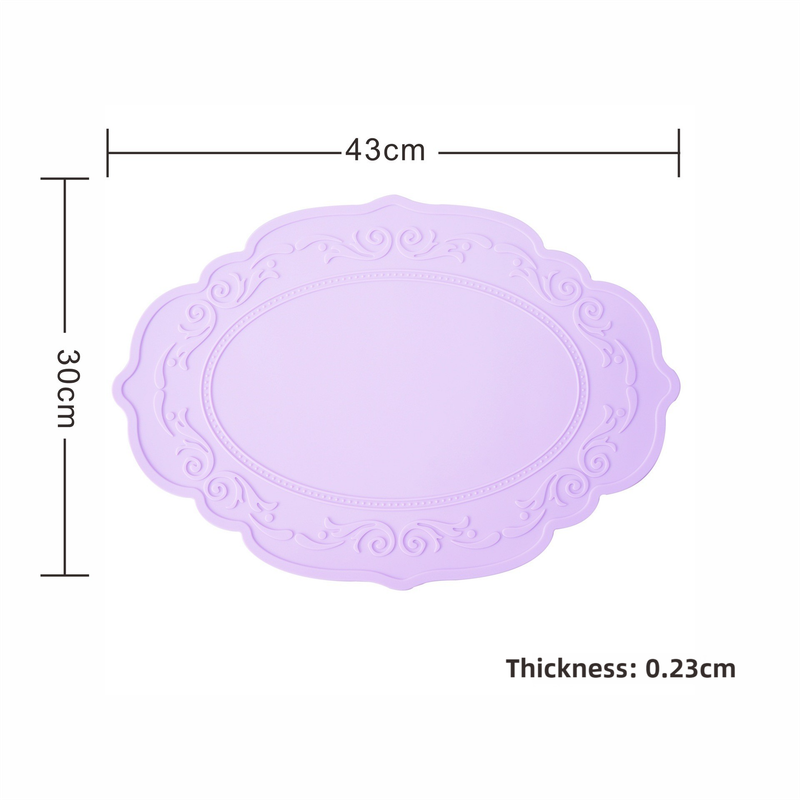 2 Pcs Purple Oval Embossed Floral Edged Silicone Placemats, Non-Slip, Heat-Resistant, Easy-to-Clean Dining Table Mats, K