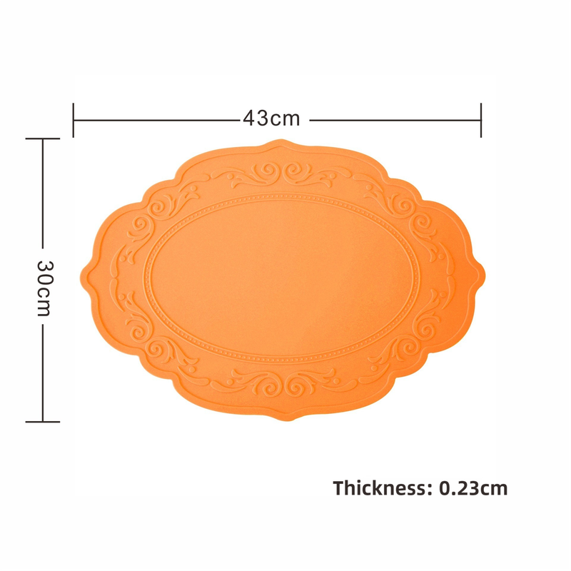2 Pcs Orange Oval Embossed Floral Edged Silicone Placemats, Non-Slip, Heat-Resistant, Easy-to-Clean Dining Table Mats, K
