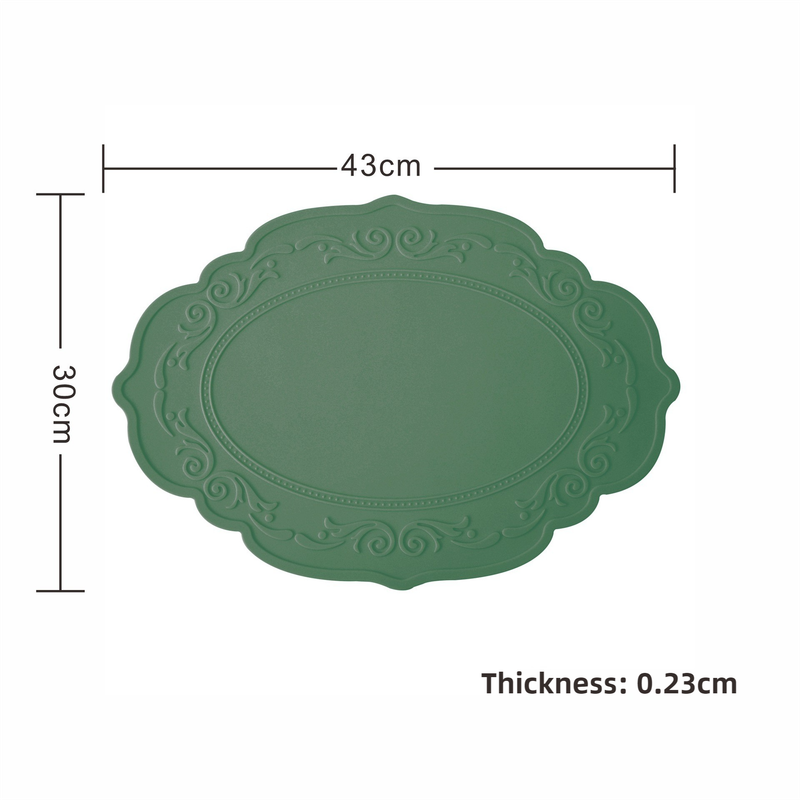 2 Pcs Green Oval Embossed Floral Edged Silicone Placemats, Non-Slip, Heat-Resistant, Easy-to-Clean Dining Table Mats, Ko