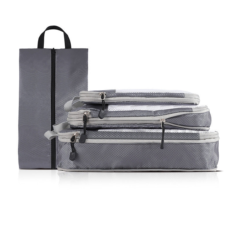 4-piece Set Grey Compression Travel Storage Bags Set, Mesh Travel Organizers for Luggage, Foldable and Space-Saving Pack