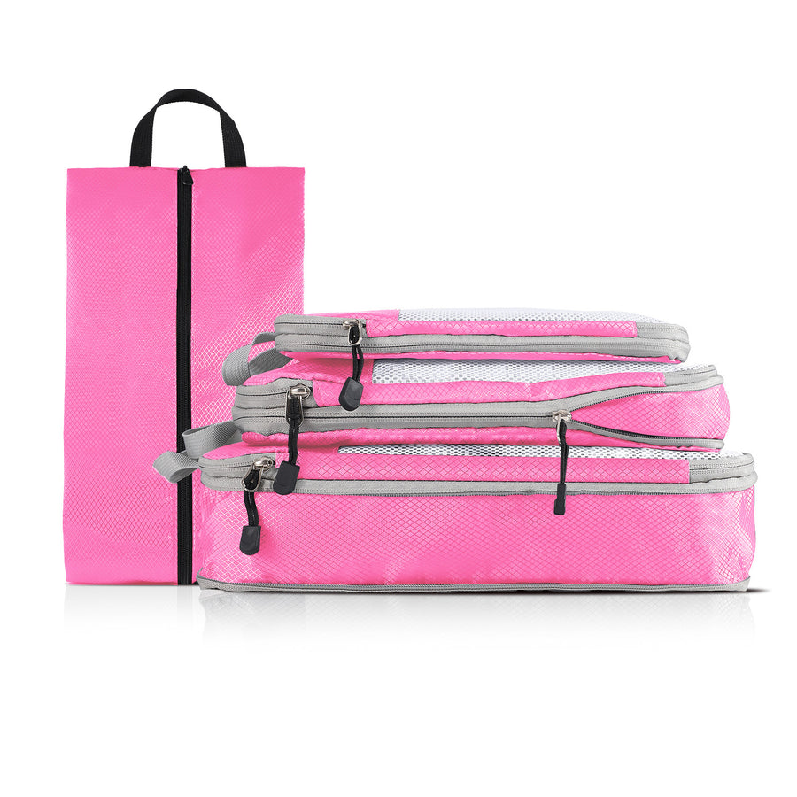 4-piece Set Pink Compression Travel Storage Bags Set, Mesh Travel Organizers for Luggage, Foldable and Space-Saving Pack