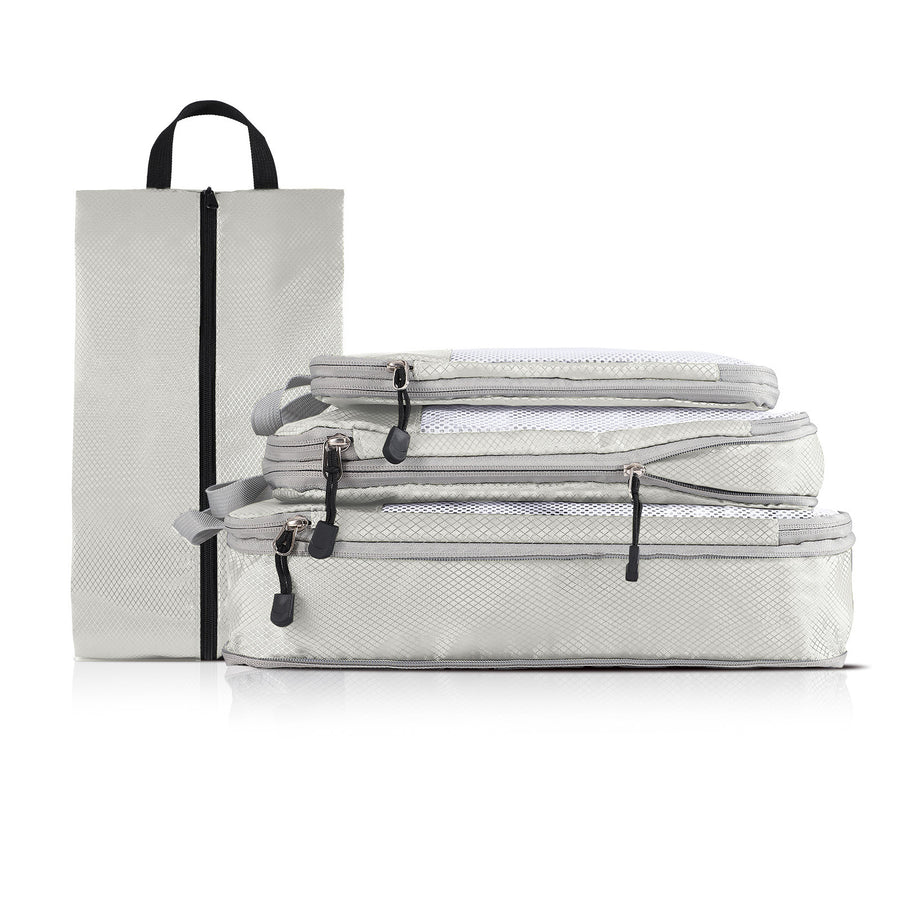 4-piece Set Off White Compression Travel Storage Bags Set, Mesh Travel Organizers for Luggage, Foldable and Space-Saving