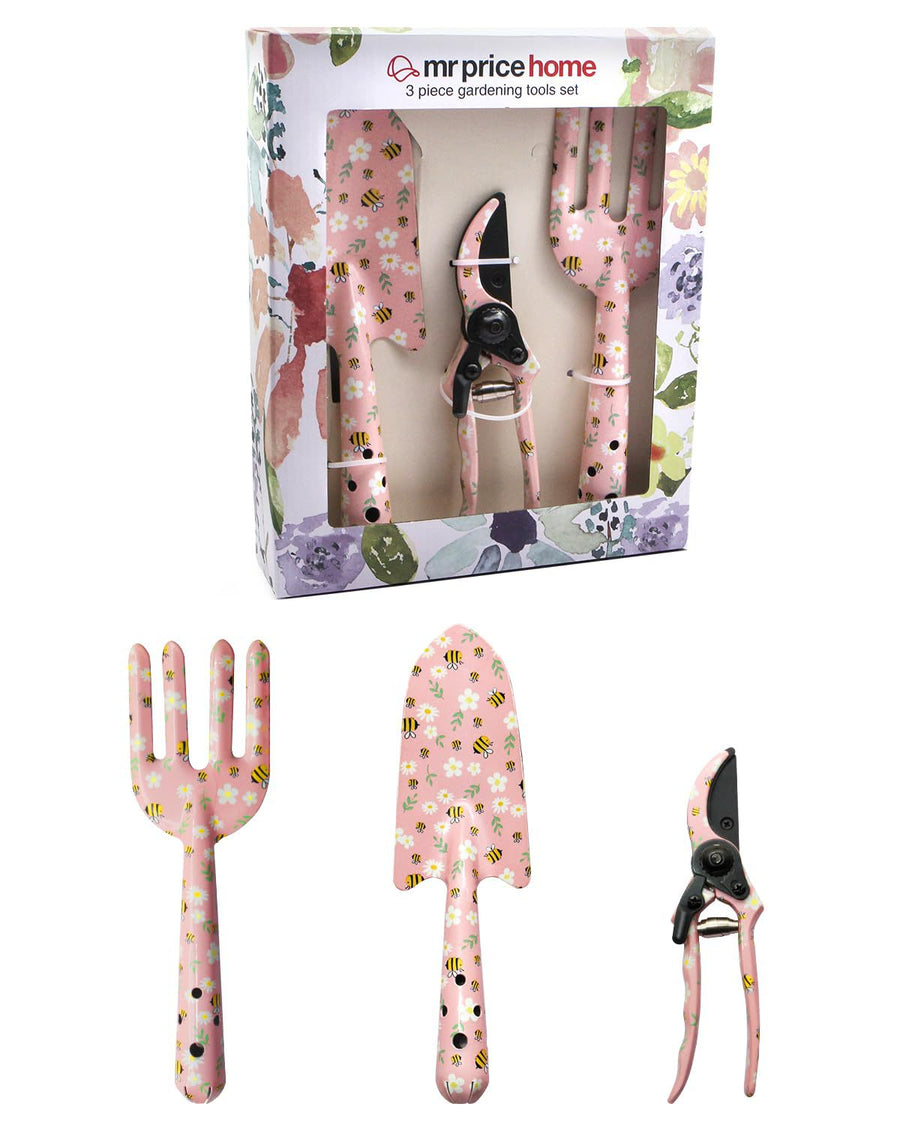 Pink 3-Piece Floral Print Garden Tool Set â€“ Carbon Steel Pruner, Cultivator & Trowel for Gardening