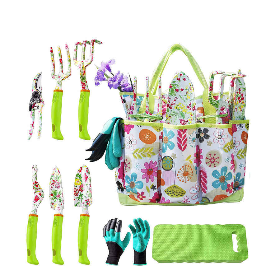 Green 9-Piece Floral Garden Tool Set for Women â€“ Complete Gardening Kit with Tote Bag, Pruners, and Gloves