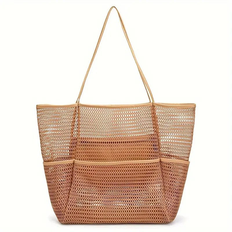 Brown Breathable Mesh Beach Tote Bag â€“ Large Capacity Sand-Free Bag with Zipper Pocket & Multi-Purpose Storage