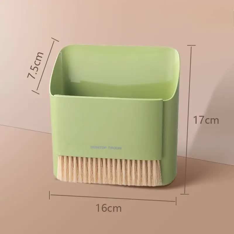 2 Set Green Mini Desktop Sweeper and Trash Bin Set | Compact Desk Cleaning Brush Organizer | Small Tabletop Sweeping Dus