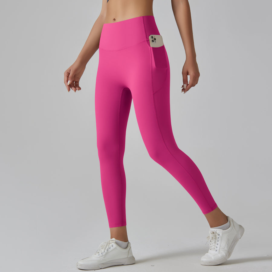 Rose Red Size L High-Waist Seamless Yoga Pants for Women - Fitness Leggings with Pockets, Quick-Dry, Butt-Lifting, Stret
