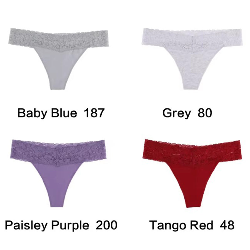 Size S Lace-Trimmed Thong Underwear â€“ 4-Pack in Baby Blue,Grey,Paisley Purple and Tange Red