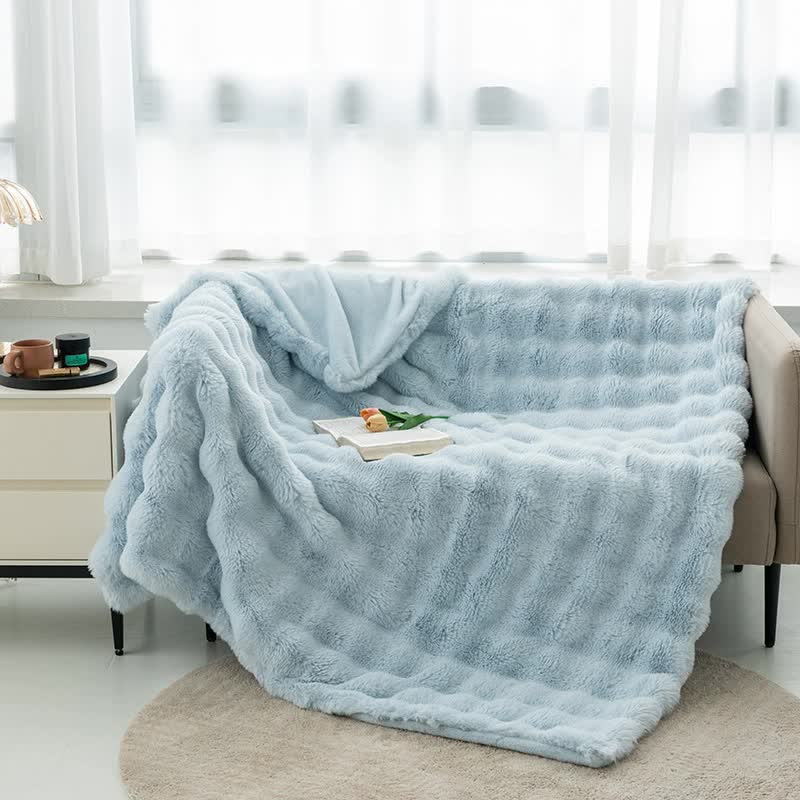 Light Blue 100*160cm Plush Toscana Rabbit Hair Throw Blanket - Soft Flannel Fleece for All Seasons, Perfect for Couch & 
