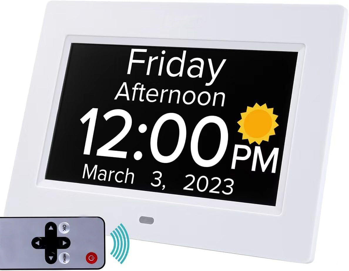 White Crystal Clear 7-Inch Digital Day Clock with Auto Dimming & Voice Assist - Perfect for Seniors