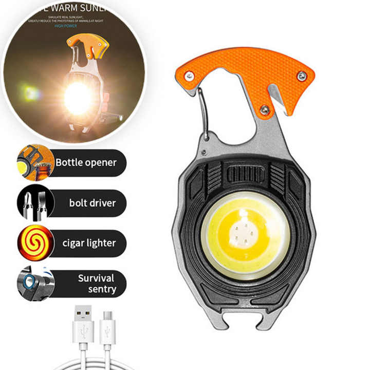  2PCS Orange Multi-Function COB Work Light with Carabiner - 500LM Flashlight, Lighter & More