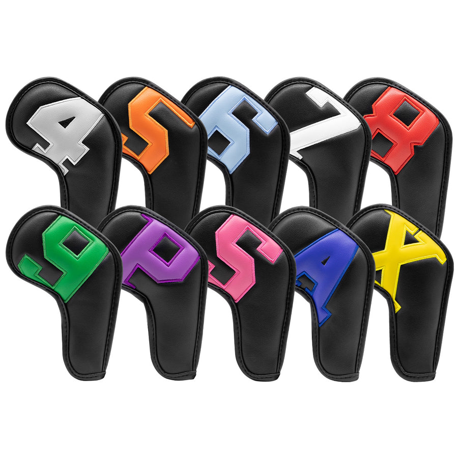 Black covers with various colored numbers, Premium PU Leather Golf Iron Headcover Set (10pcs) | Numbered 4-9, P, S, A, X | Protective Club Covers for Irons