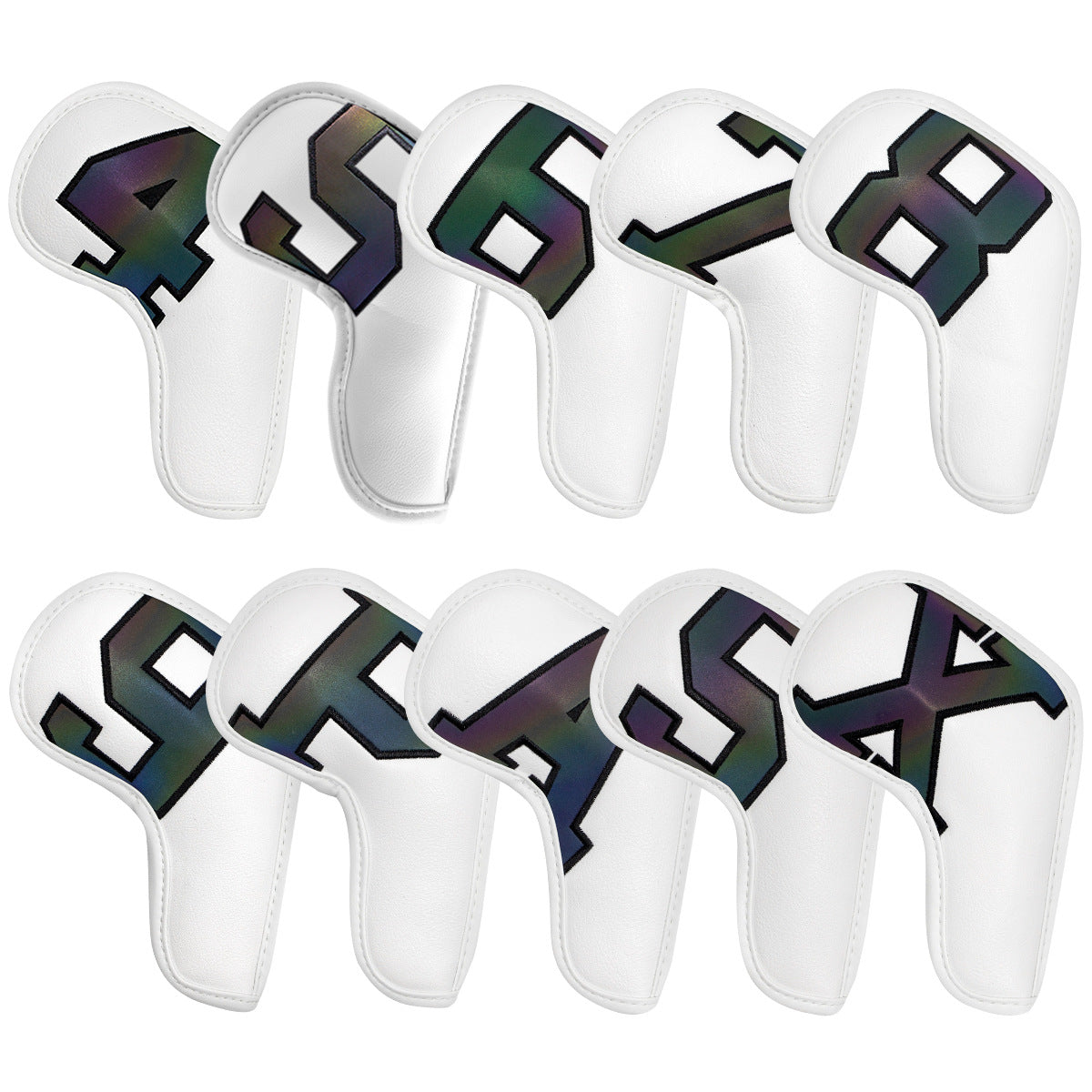 White covers with  Laser numbers, Premium PU Leather Golf Iron Headcover Set (10pcs) | Numbered 4-9, P, S, A, X | Protective Club Covers for Irons