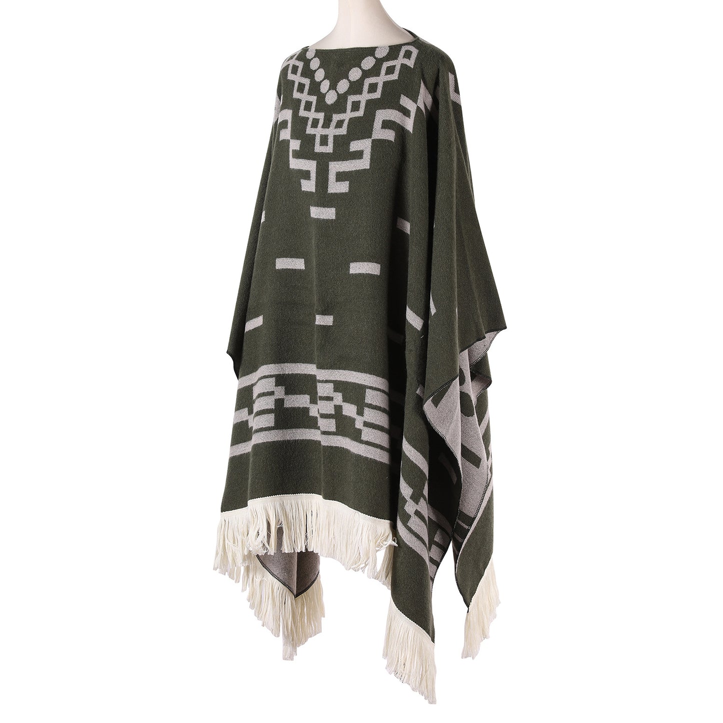 Green Women's Versatile Faux Cashmere Poncho Cape Shawl with Geometric Pattern & Fringe Trim - One Size