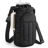 Black Quilted Water Bottle Carrier Bag with Large Phone Pocket - Insulated Tumbler Pouch with Adjustable Shoulder Strap - Crossbody Water Bottle Holder for18oz to 64ozTumblers, Gym, and Travel
