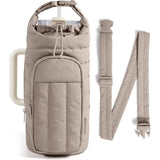Camel Quilted Water Bottle Carrier Bag with Large Phone Pocket - Insulated Tumbler Pouch with Adjustable Shoulder Strap - Crossbody Water Bottle Holder for18oz to 64ozTumblers, Gym, and Travel