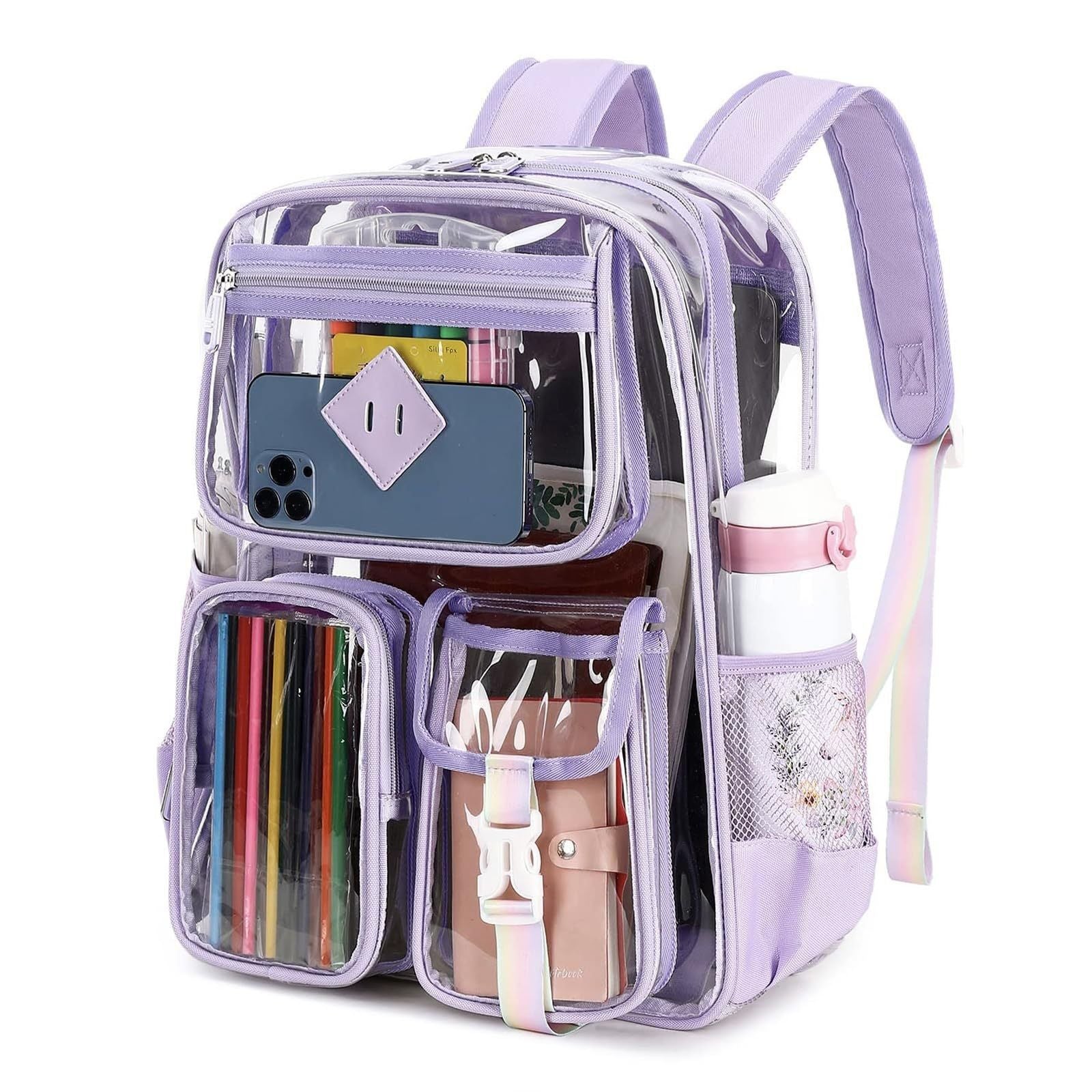 Heavy Duty Clear Transparent Backpack with Purple - Large Capacity PVC Bookbag for School, Stadium, and Gym - Fits 16-Inch Laptop, Binders and A4 Books