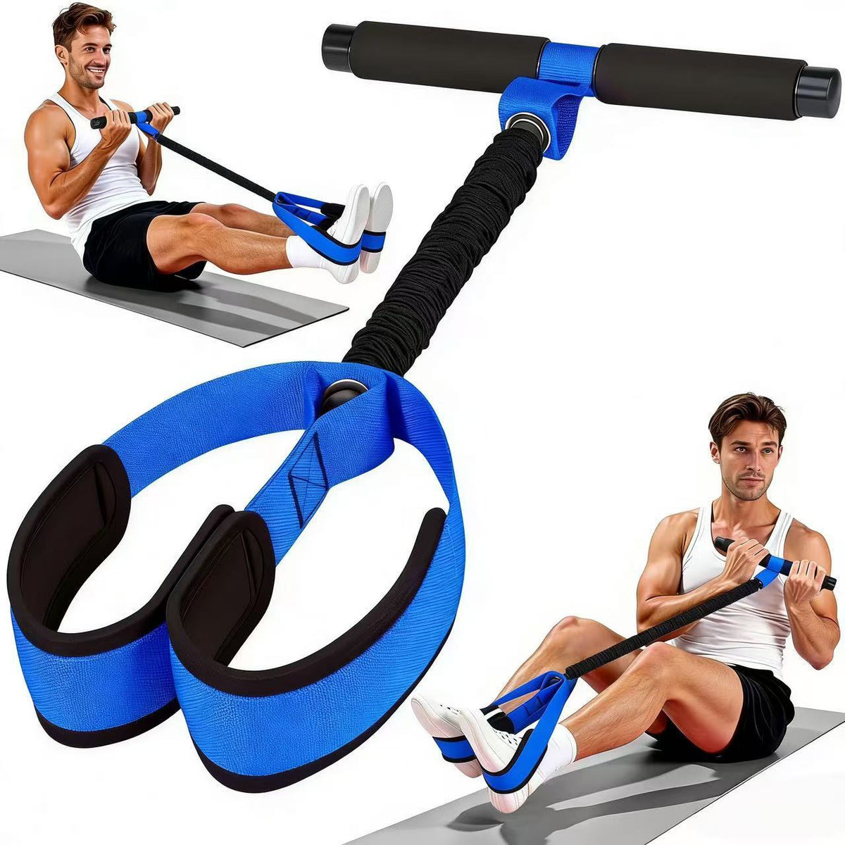 Blue Multifunctional Pedal Resistance Band - Home Fitness Sit-up Assistant with Foot Pedals and Elastic Pull Rope - Full Body Workout Equipment for Abs, Arms, Legs and Glutes
