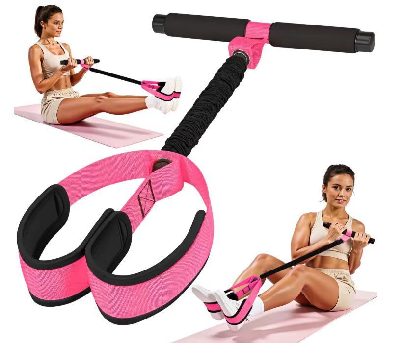 Pink Multifunctional Pedal Resistance Band - Home Fitness Sit-up Assistant with Foot Pedals and Elastic Pull Rope - Full Body Workout Equipment for Abs, Arms, Legs and Glutes