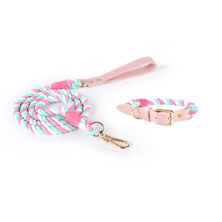 Pink Hand-Woven Rainbow Cotton Rope Dog Leash and Collar Set - Adjustable Veg-Tanned Leather Trim with Heavy Duty Metal Hardware - 150cm Training Lead and S Size Collar 