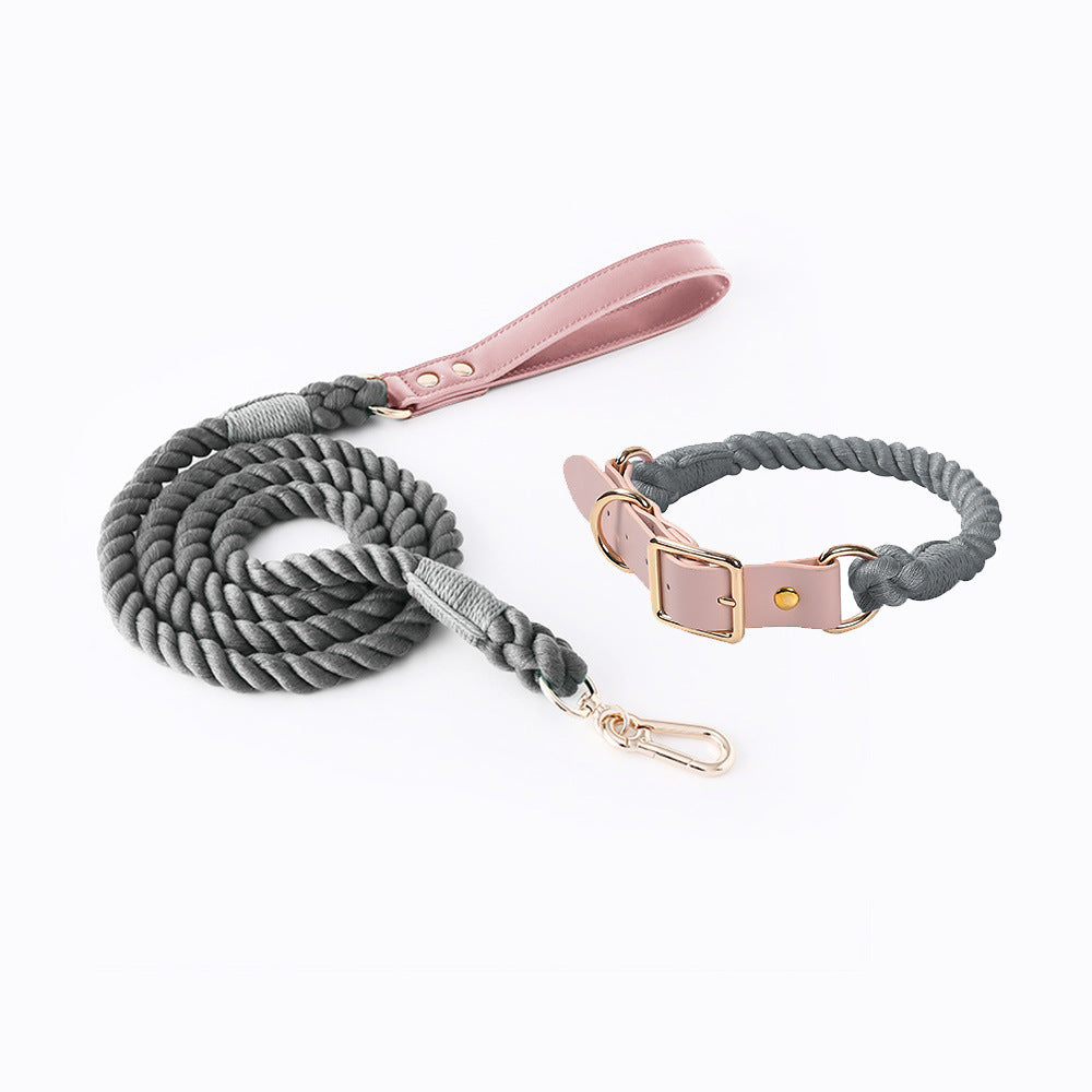 Grey Hand-Woven Rainbow Cotton Rope Dog Leash and Collar Set - Adjustable Veg-Tanned Leather Trim with Heavy Duty Metal Hardware - 150cm Training Lead and S Size Collar 