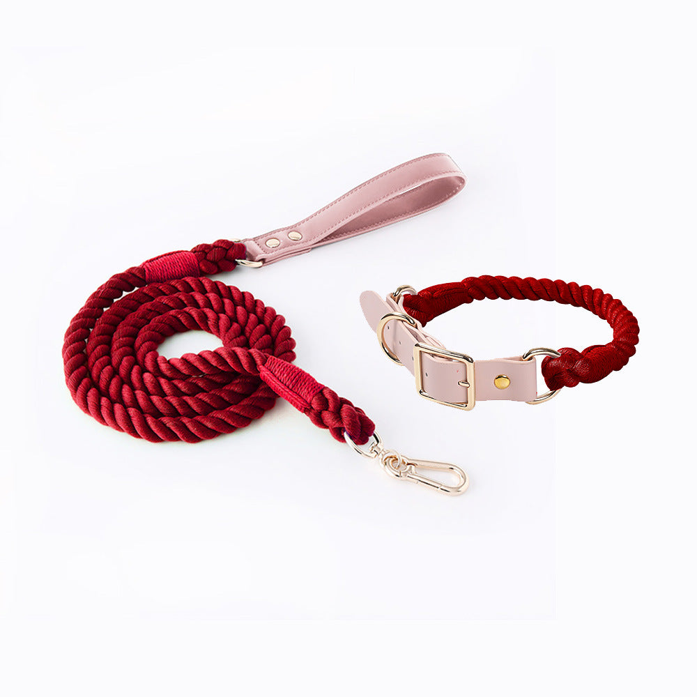 Rose Red Hand-Woven Rainbow Cotton Rope Dog Leash and Collar Set - Adjustable Veg-Tanned Leather Trim with Heavy Duty Metal Hardware - 150cm Training Lead and S Size Collar 
