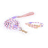 pink+purple Hand-Woven Rainbow Cotton Rope Dog Leash and Collar Set - Adjustable Veg-Tanned Leather Trim with Heavy Duty Metal Hardware - 150cm Training Lead and M Size Collar 