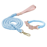 Sky Blue Hand-Woven Rainbow Cotton Rope Dog Leash and Collar Set - Adjustable Veg-Tanned Leather Trim with Heavy Duty Metal Hardware - 150cm Training Lead and M Size Collar 