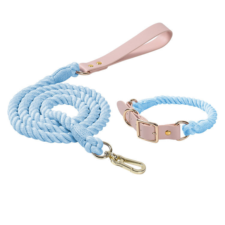 Sky Blue Hand-Woven Rainbow Cotton Rope Dog Leash and Collar Set - Adjustable Veg-Tanned Leather Trim with Heavy Duty Metal Hardware - 150cm Training Lead and M Size Collar 