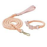 Light pink Hand-Woven Rainbow Cotton Rope Dog Leash and Collar Set - Adjustable Veg-Tanned Leather Trim with Heavy Duty Metal Hardware - 150cm Training Lead and M Size Collar 