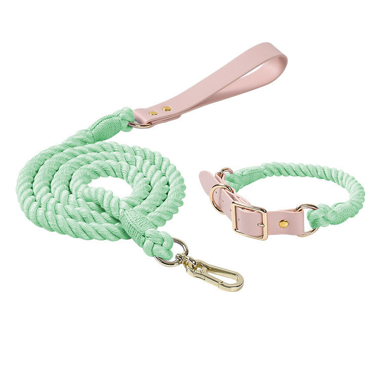 Mint green Hand-Woven Rainbow Cotton Rope Dog Leash and Collar Set - Adjustable Veg-Tanned Leather Trim with Heavy Duty Metal Hardware - 150cm Training Lead and M Size Collar 