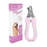 Three purple pet nail clippers with safety guard and ergonomic handles.