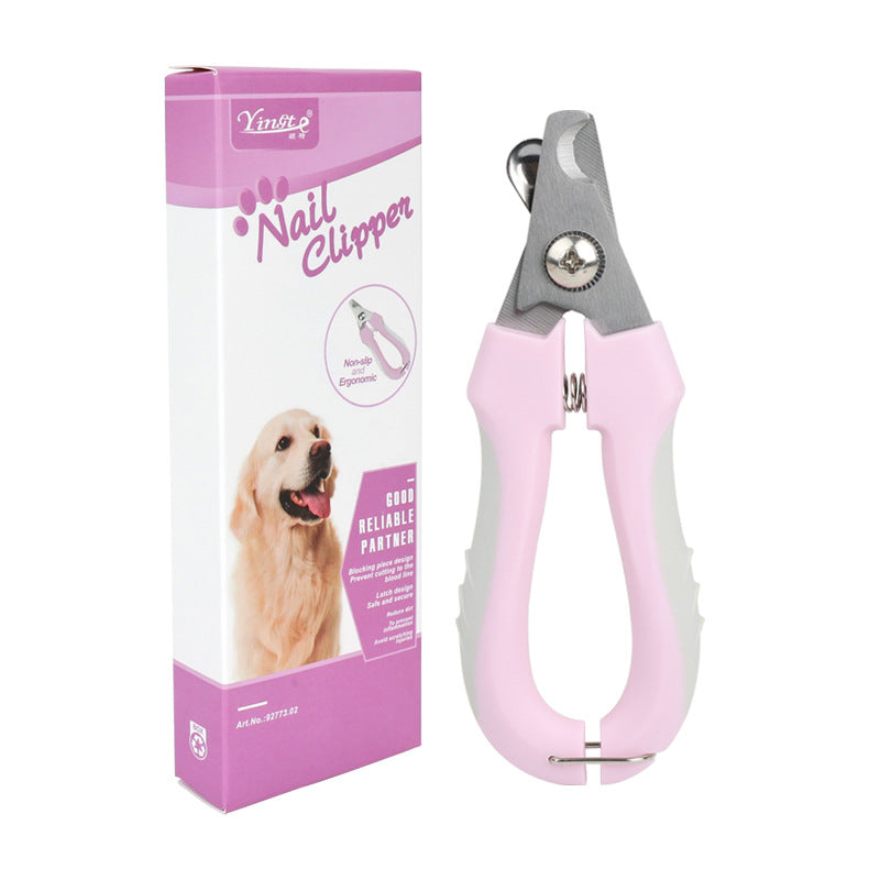 Three purple pet nail clippers with safety guard and ergonomic handles.