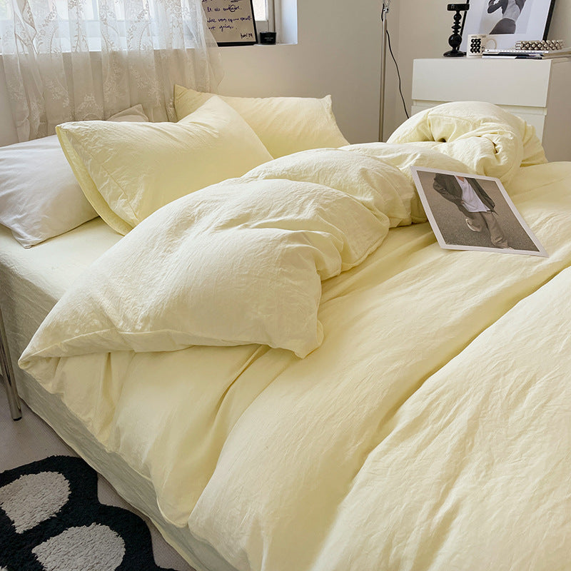 Light-yellow Solid Color Solid Color Solid Color 1.5m Bed Fitted Sheet Set with 200x230cm Duvet Cover - 4-Piece Bedding 