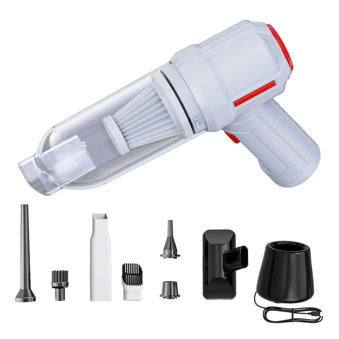 White 3-in-1 Car Vacuum Cleaner with Blowing, Suction, and Dust Extraction - 2 x 2000mAh Rechargeable Batteries, Include