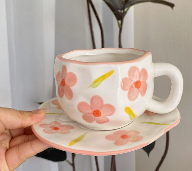 Pink Flowers On A White Background 300ML Underglaze Hand-Pinched Cup and Saucer Set - Ceramic Coffee Mug Milk Cup Breakf