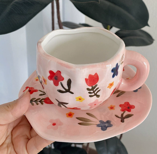 Pink Background Large Floral 300ML Underglaze Hand-Pinched Cup and Saucer Set - Ceramic Coffee Mug Milk Cup Breakfast Se