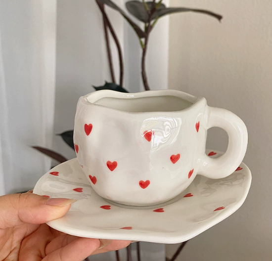 White Background Little Heart 300ML Underglaze Hand-Pinched Cup and Saucer Set - Ceramic Coffee Mug Milk Cup Breakfast S