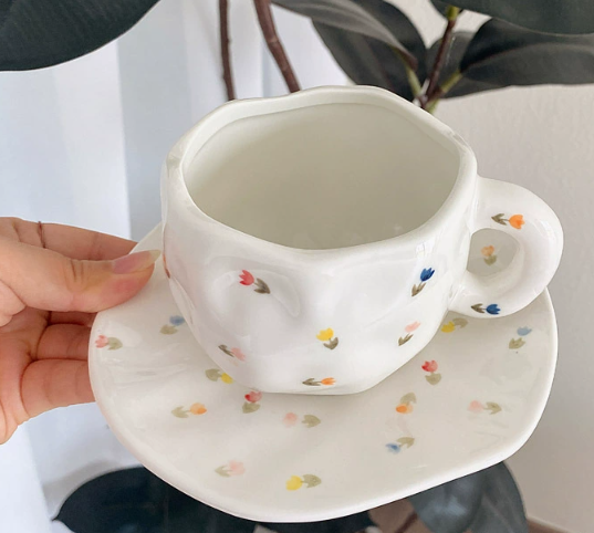 White Background Little Floral 300ML Underglaze Hand-Pinched Cup and Saucer Set - Ceramic Coffee Mug Milk Cup Breakfast 