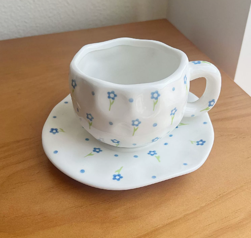 White With Small Blue Fowers 300ML Underglaze Hand-Pinched Cup and Saucer Set - Ceramic Coffee Mug Milk Cup Breakfast Se