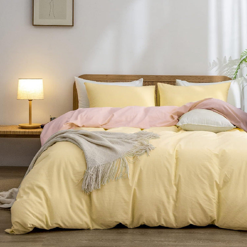 Yellow-pink 1.8m (Duvet Cover 180*220cm) Luxurious Soft Brushed Microfiber 4-Piece Bedding Set - Pure Color Double Bed D