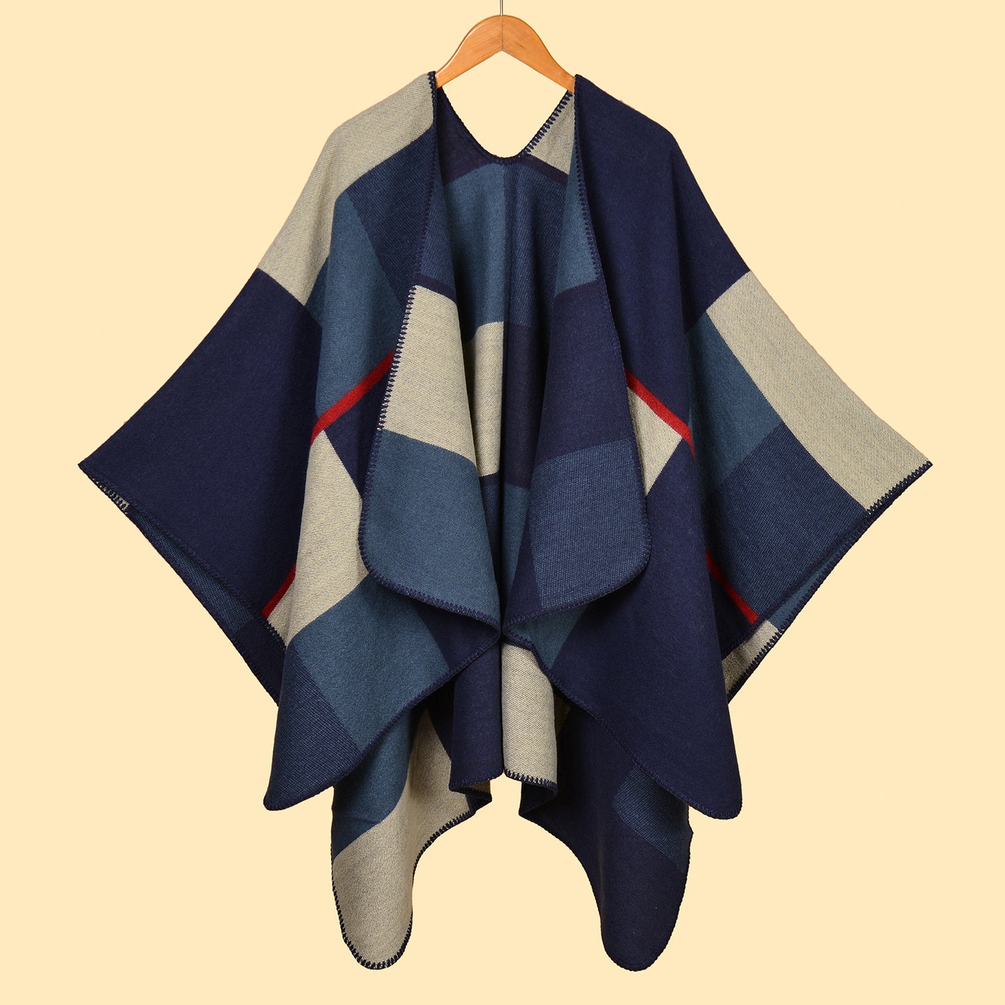 Large and Small Square Navy Blue Elegant Autumn Winter Shawl - Artistic Split-Design Knit Cloak with Oil Painting Style