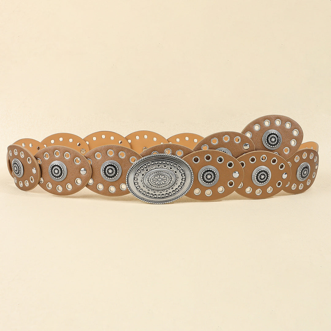 Antique Silver Champagne Vintage Western Post-Apocalyptic Women's Waist Belt with Eyelet Oval Carvings